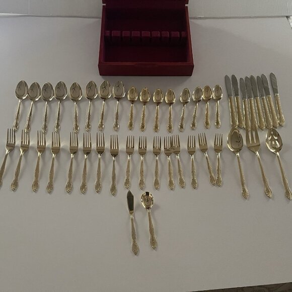 Gold Tone Flatware Stainless Red Wood Box China 45 pc Service for 8 Lightweight - Picture 2 of 16